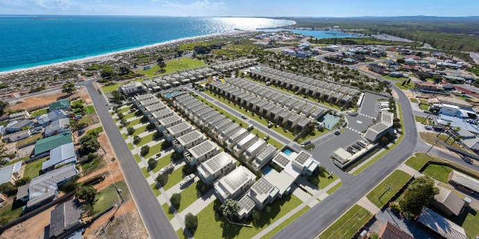 Aerial view of the Jurien Bay Resort modular development, Western Australia